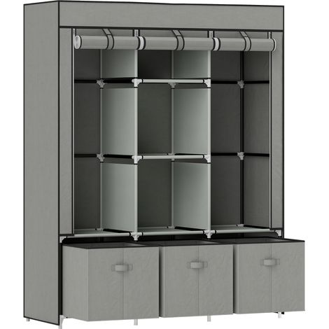 Fabric Wardrobe for Bedroom, Portable Wardrobe with 5 Shelves, 2 Hanging Rails and 3 Fabric Drawers, Foldable Closet, 125 x 43 x 162.5cm, Light Grey (1/5)