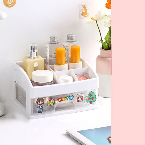 Boîte de rangement cosmétique, tiroir en plastique pour maquillage, étui de rangement de bureau multifonctionnel, contenant pour articles de papeterie à deux niveaux