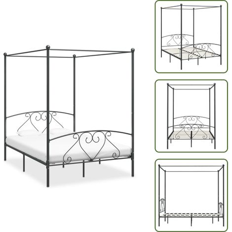 The Living Store Giroletto Baldacchino senza Materasso Grigio 160x200 cm Metallo - Letto con tende