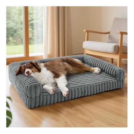 Panier Chien Orthopédique Grand - 89x64x18cm Canapé avec Rebords en Mousse à Mémoire de Forme Alvéolée, Imperméable, Fond Antidérapant, Housse Velours Côtelé Déhoussable, Gris (1/5)