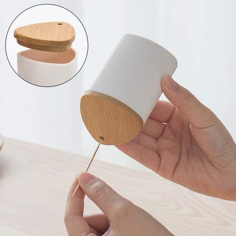 1 porte-cure-dents en polypropylène avec couvercle en bambou, boîte à cure-dents pour la maison, la cuisine, le café, le restaurant, le bar, blanc (1/5)
