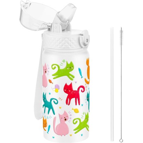 Trinkflasche Kinder 420ml Edelstahl mit Strohhalm, auslaufsicher, BPA-frei, Motiv Katze (1/5)