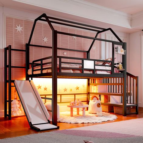Cama alta de metal negro con forma de casita para niños, con tobogán, escaleras, espacio de almacenamiento e iluminación LED controlada por Bluetooth, probada según la norma EN 747, tamaño del colchón (1/5)