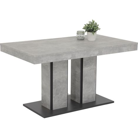 Table À Manger Avec Piètement En Colonnes, Matériau Dérivé Du Bois Avec Revêtement En Mélamine, Aspect Béton, 2 Colonnes Et Socle, Extensible 140-180 x 80 cm (1/5)