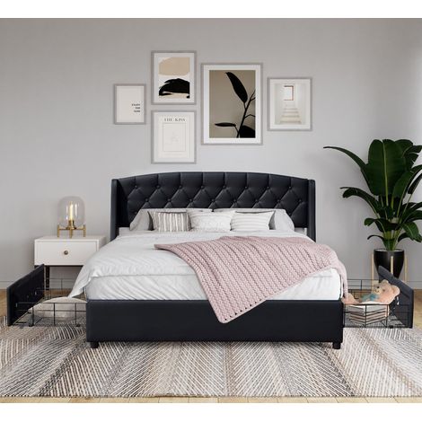 iris - Cama sólida y cómoda de 140x190 con somier con 4 cajones + cabecero de color NEGRO + patas de 4 cm - 2 x 13 lamas - revestimiento de PVC simil fácil de mantener - montaje rápido y fácil