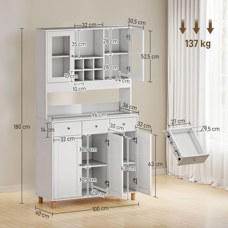 Meuble de cuisine 180 cm, 2 portes vitrées, 3 tiroirs, 4 étagères réglables, meuble de salle à manger, panneaux de particules, blanc (1/5)