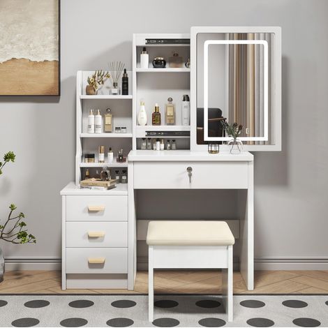 Tocador in MDF bianco con specchio LED e sgabello, stile classico retro (1/5)