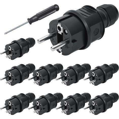Set di 10 spine maschio, spina elettrica maschio 250 V 16 A, protezione IP44, spina elettrica maschio nera per cavi interni ed esterni, cacciavite incluso. (1/5)