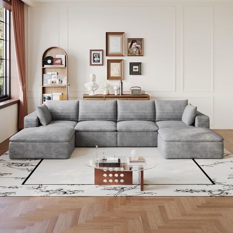 Canapé modulable 340x160x82 cm en tissu côtelé gris foncé, coussins amovibles pour salon – MEUBLIV (1/5)