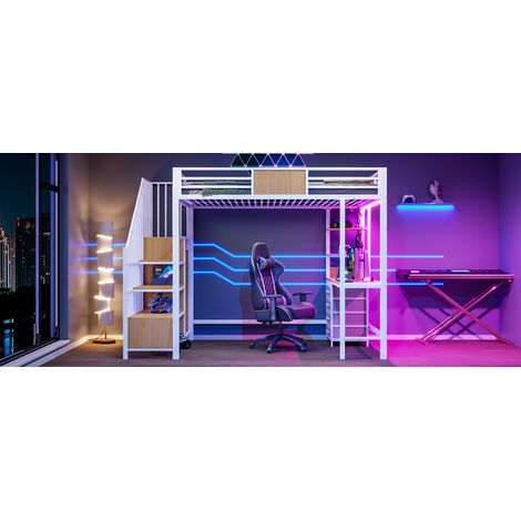 Lit superposé en métal 90x200 cm avec bureau intégré, étagères de rangement, penderie, éclairage LED et prise électrique. Meuble multifonction idéal pour petit espace, bureau ou chambre d'étudiant. (1/5)
