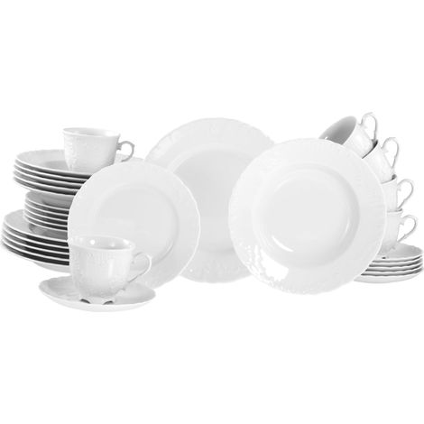 Série Rokoko Weiss Service de table 30 pièces pour 6 personnes, en porcelaine, passe au lave-vaisselle et au micro-ondes, fabriqué en Europe (1/5)
