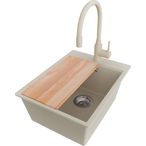 PRIMAGRAN Evier Cuisine en Granit 38x50cm,Lavabo 1 bac + Robinet 38x14cm + Kit de Vidage + Planche à Découper, Évier à Encastrer au meuble 40cm - Oslo, Beige (1/5)