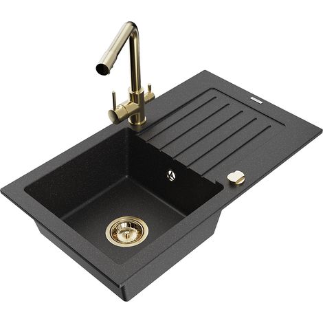 Mexen Pablo 1 Becken-Granitspüle mit Abtropffläche und Mischbatterie Duero, Schwarz/Silbermetallic - (1/5)