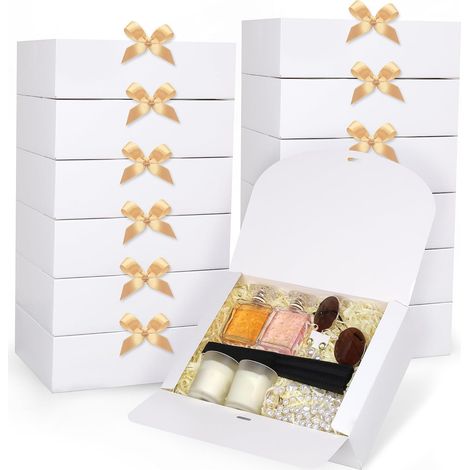12 x Gift Boxes with Lids, 27 x 20 x 8 cm Rectangular Cardboard Box, White Gift Packaging Box with Gold Ribbon for Wedding, Birthday, Valentine's Day, Party, Christmas (1/5)