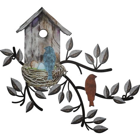 Décoration murale en métal pour l'extérieur : arbres suspendus en métal avec nichoirs décoratifs, feuilles pour la décoration murale du salon, d'intérieur et d'extérieur, et de jardin. (1/5)