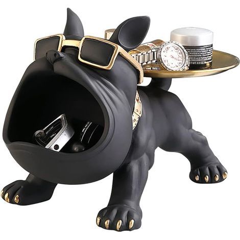 Bulldoggenfigur, Schlüsselschale in Form einer französischen Bulldogge, Schmuckkästchen, moderne Skulptur als Dekoration für Flur und Wohnzimmer (schwarz) (1/5)