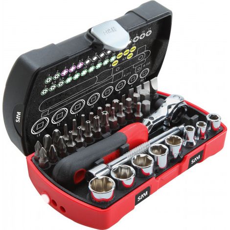 Sam Outillage – Coffret multi-outils 40 pièces – Cliquet gyroscopique 1/4' – Douilles 6 pans 6-13mm – Embouts de vissage pour serrage rapide (1/3)