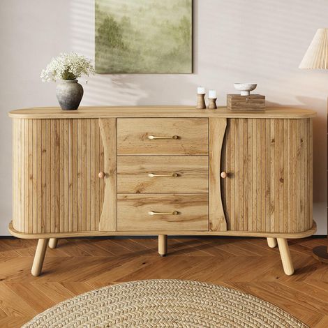 Buffet Design Haricot 150 cm avec Portes Coulissantes et 3 Tiroirs - Design Cannelé, Pieds en Bois Massif - Scandinave, Natural