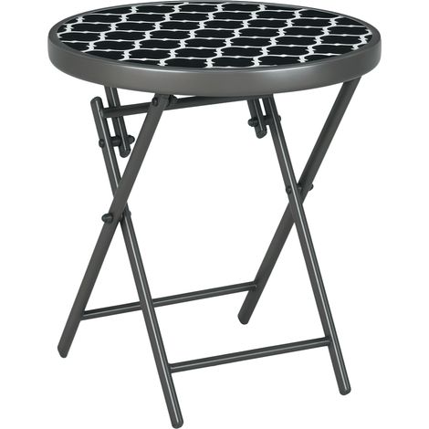 Klappbarer Couchtisch/Beistelltisch mit Tischplatte aus gehärtetem Glas, schwarz-weißem Metalldekor, Ø 45 x 50 cm, schwarz
