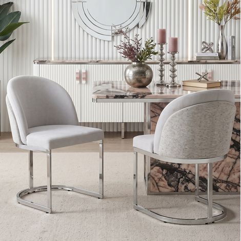 2er-Set Esszimmerstühle aus Chenille, Hellgrau, silberne Metallbeine OKMYHOME (1/5)