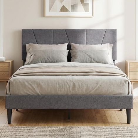 COSTWAY Struttura Letto Matrimoniale, Letto Piattaforma Rivestito in Lino con Testiera Regolabile in Altezza, Doghe in Legno a Supporto del Materasso, Silenzioso (200x140 cm) (1/5)