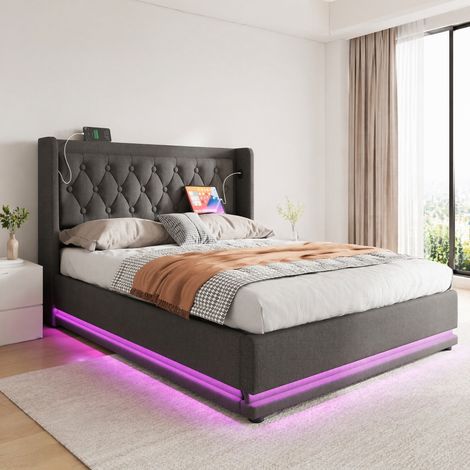 Cama doble 140x200 cm de algodón gris, con almacenaje para dormitorio, sin colchón -FLORAGRACE (1/5)