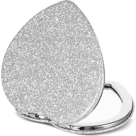 Miroir compact pliable en forme de cœur grossissant - Mini miroir de courtoisie portable - Outils de maquillage de voyage pour sac à main - Double face - Paillettes mignonnes (argenté) (1/5)