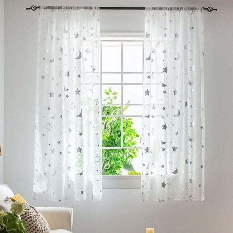 Rideaux de fenêtre semi-transparents de 1 m de long pour chambre de fille, chambre à coucher, joli motif lune et étoiles, rideaux transparents en tulle, 2 panneau, 1 m x 1,3 m (1/2)