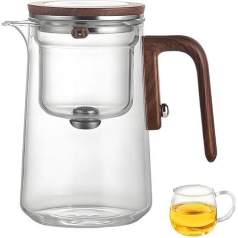 Théière Magique en Verre, Théière en Verre avec Séparation d'eau Et Poignée en Bois Pot à Thé Magique Avec Contrle de Presse et Infuseur verre Borosilicate Résistant à la Chaleur (800ml) (1/5)