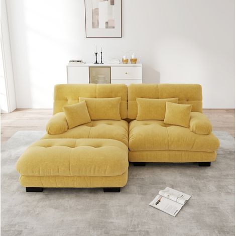 Sofá de esquina modular de chenilla amarilla con ottoman, 2 cojines lumbares y 2 decorativos (1/5)