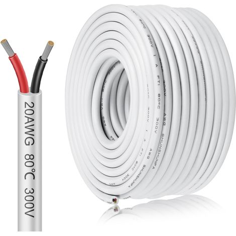 Câble électrique 20 AWG 2 conducteurs, 2×0,5 mm², 10 m, Fil en cuivre étamé blanc, 5V / 12V / 24V, 300V, Câble flexible et souple résistant à haute température pour extérieur (1/5)