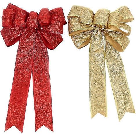 1 paire de grands nœuds décoratifs pour sapin de Noël, rubans de soie rouge et doré (1/5)