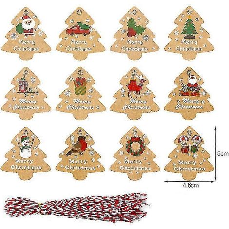 Etiquetas para regalos de Navidad, paquete de 48 unidades con cuerda (12 diseños surtidos para envolver regalos de Navidad y etiquetar tarjetas de identificación). (1/4)