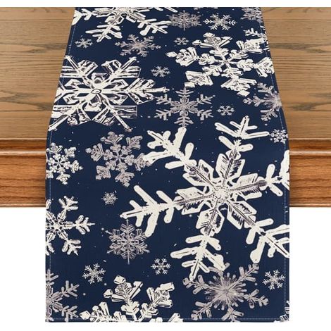 Chemin de table bleu foncé à motifs de flocons de neige pour Noël, décoration de table hivernale pour la cuisine et les fêtes, 40 x 270 cm (1/5)