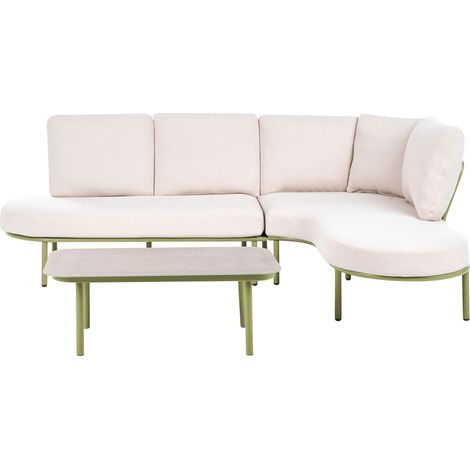 Outdoor Sofa with Coffee Table Green Aluminium with Light Beige Cushions 4 Seater Oval Shape Tabletop Modern Style Garden Patio Terrace POLLINA (1/5)