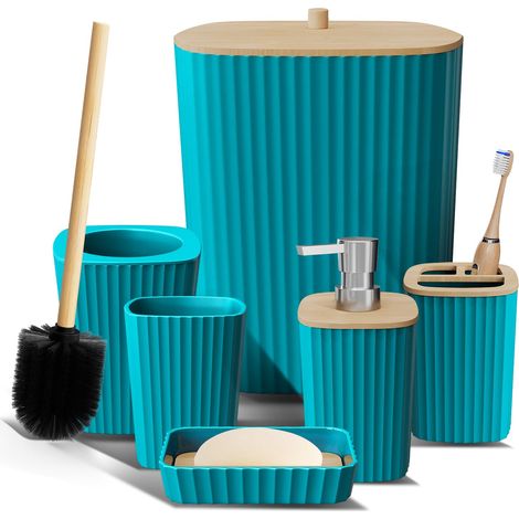 Ensemble d'accessoires de Salle de Bain 6 pièces avec Brosse WC, Poubelle et Distributeur de Savon Bleu Sarcelle (1/5)
