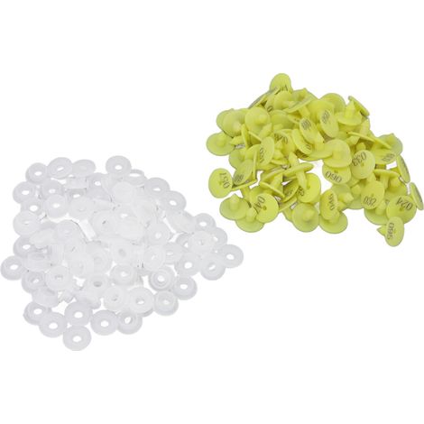 Lot de 100 étiquettes auriculaires pour animaux d'élevage, jaune vif, en polypropylène (PP) résistant à la décoloration, réutilisables et universelles (pour lapins). (1/5)