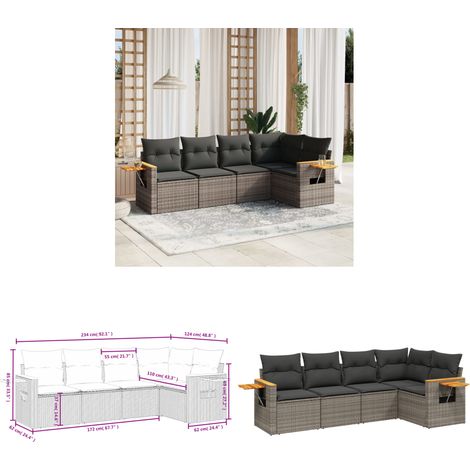 5-tlg. Garten-Sofagarnitur mit Kissen Grau Poly Rattan - Gartenmöbel - Esszimmergarnituren - Outdoor Möbel - Lounge Set - Rattan Sofa - Home & Living (1/3)