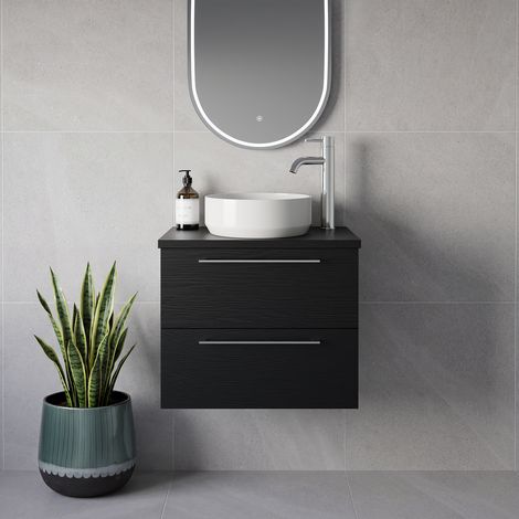 Napoli 390 Nero Oak 600mm Wall Mounted 2 Drawer Vanity Unit for Countertop Basins - 600mm - Chrome 320mm Handle