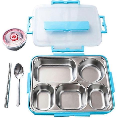 Boîte à lunch/boîte à bento/boîte à soupe/vaisselle scolaire en acier inoxydable étanche à 5 compartiments (bl) (1/5)