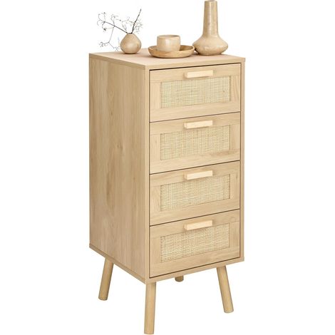 Commode en rotin pour chambre à coucher, grande commode avec 4 tiroirs décorés en rotin fait à la main pour chambre à coucher, petite table de chevet avec pieds en bois, naturel (1/5)