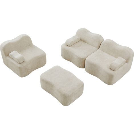 Divano modulare angolare a L 3 posti con 1 pouf, schiuma ad alta densità 32D, velluto beige (1/5)