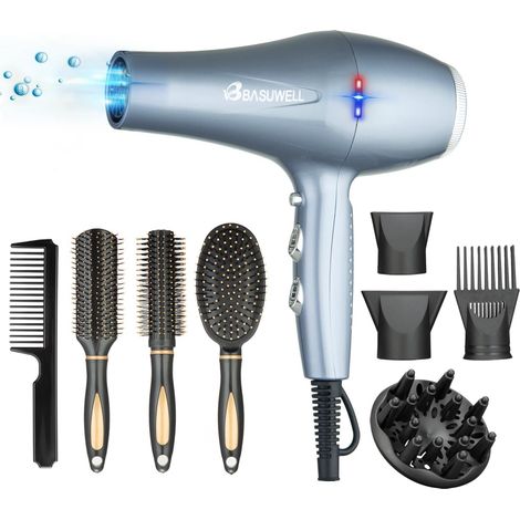 Sèche-cheveux professionnel Ion 2400 W Sèche-cheveux 3 chauffage 2 vitesses Sèche-linge infrarouge lointain Moteur AC à faible bruit avec diffuseur de sèche-cheveux (Gris argenté) (1/5)
