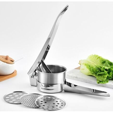 Stainless steel potato press with 3 interchangeable discs, 3-in-1 food press for potatoes, fruit, vegetables and baby food--DTEKGAZ