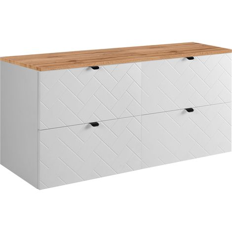 Furnidea - Meuble sous vasque MADIS BLANC 120 cm avec le plan CHÊNE - 4 tiroirs, façades motif chevron, design moderne (1/5)