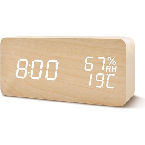 Réveil numérique LED avec affichage de la date, de l'humidité et de la température, aspect bois, décoration (1/5)