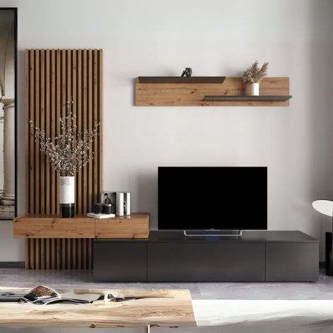 Parete attrezzata porta TV Rebecca 250 cm colore nero e rovere (1/5)
