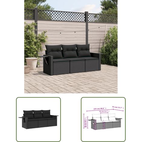 The Living Store 3-tlg. Garten-Sofagarnitur mit Kissen Schwarz Poly Rattan - Gartenmöbel - Outdoor Möbel - Rattan Gartenset - Lounge Set - Sofasitzgruppe (1/3)