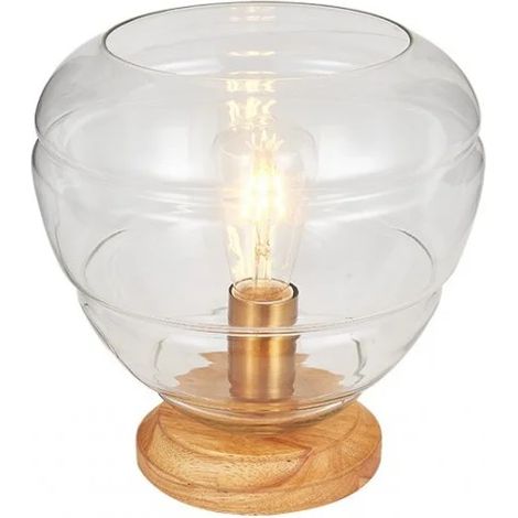 Lampe 28 cm en verre transparent et socle bois - VALO ART DECO