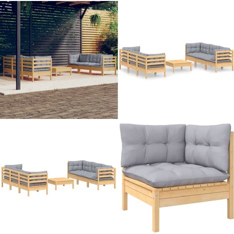 Salon de jardin 7 pcs avec coussins gris bois de pin - Salon De Jardin - Mobilier De Jardin - Ensemble De Jardin - Meubles De Terrasse - Chaise Longue - Home & Living (1/5)